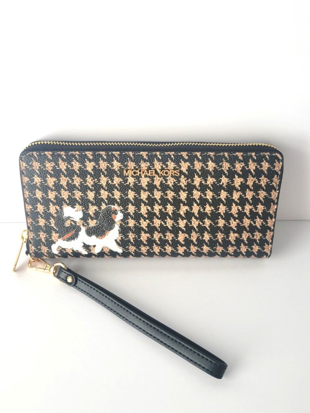 Share Michael Kors Jet Set Travel Houndstooth Print Continental Wristlet Black - Picture 2 of 6
